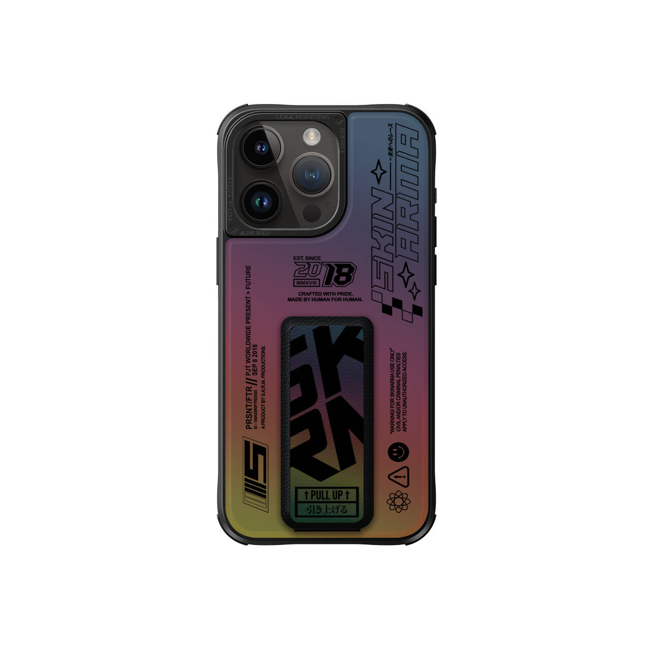 iPhone 15 Pro Kılıf SkinArma Holografik Tasarımlı Standlı Deri Görünümlü Kira Kobai Kapak