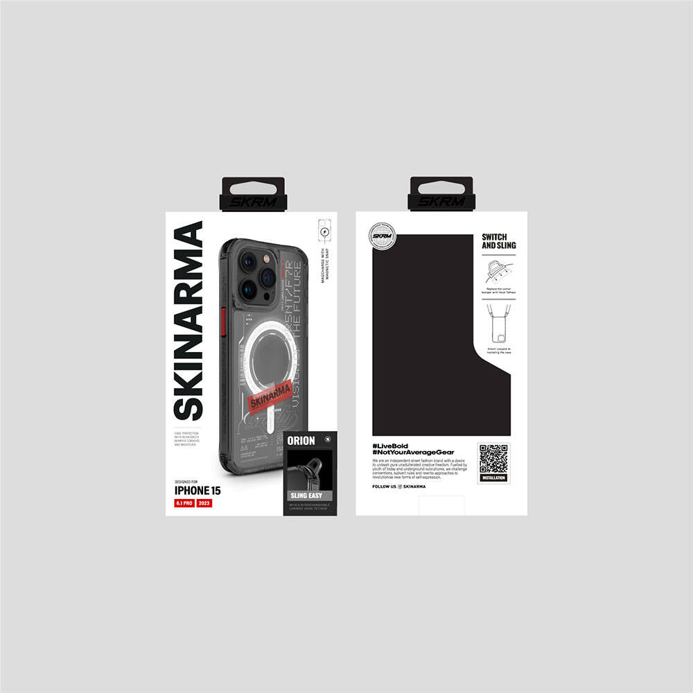 iPhone 15 Pro Kılıf SkinArma M-safe Şarj Özellikli Yazı Desenli Airbag Tasarımlı Orion Kapak