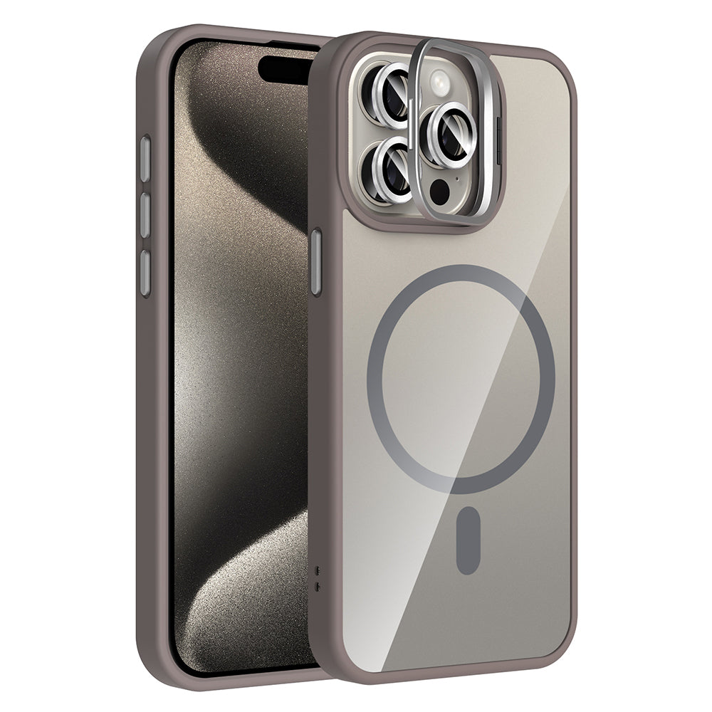 Apple iPhone 15 Pro Kılıf Standlı ve Kamera Lens Hediyeli M-Safe Şarj Özellikli Zore Etro Kapak