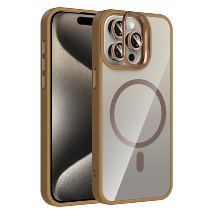 Apple iPhone 15 Pro Kılıf Standlı ve Kamera Lens Hediyeli M-Safe Şarj Özellikli Zore Etro Kapak