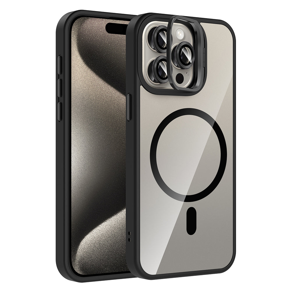 Apple iPhone 15 Pro Kılıf Standlı ve Kamera Lens Hediyeli M-Safe Şarj Özellikli Zore Etro Kapak