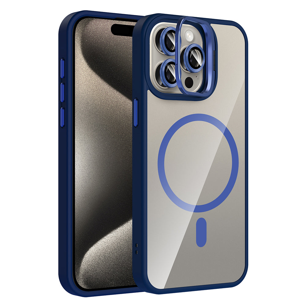 Apple iPhone 15 Pro Kılıf Standlı ve Kamera Lens Hediyeli M-Safe Şarj Özellikli Zore Etro Kapak