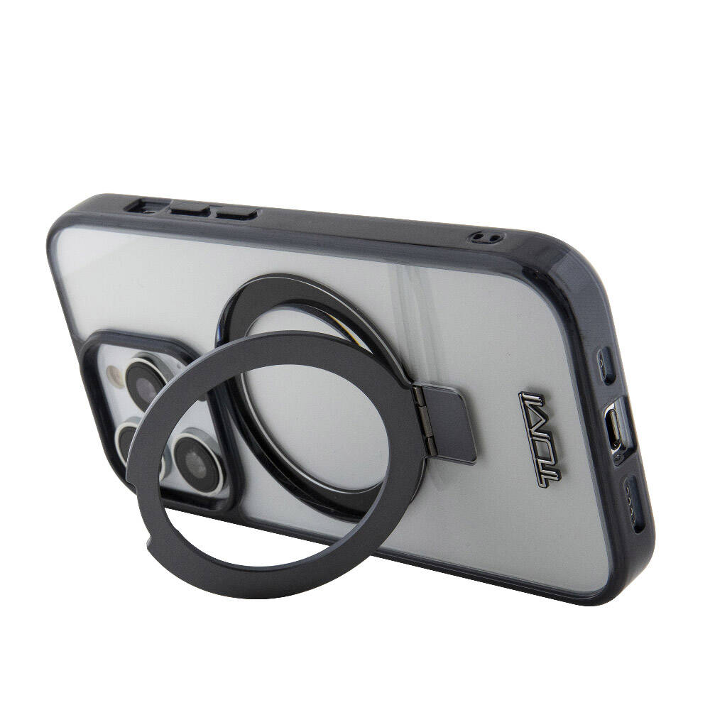 iPhone 15 Pro Kılıf TUMI Orjinal Lisanslı M-safe Şarj Özellikli Metal Logolu Ring Standlı Silikon Kapak