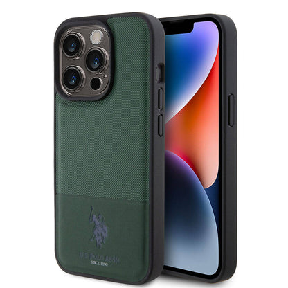iPhone 15 Pro Kılıf U.S. Polo Assn. Orjinal Lisanslı Suni Deri Arka Yüzey Baskı Logolu Örgü Desenli Kapak