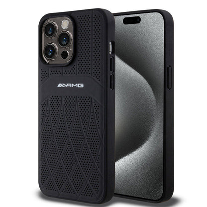 iPhone 15 Pro Max Kılıf AMG Orjinal Lisanslı M-safe Şarj Özellikli Delikli Deri Kıvrımlı Çizgili Kapak