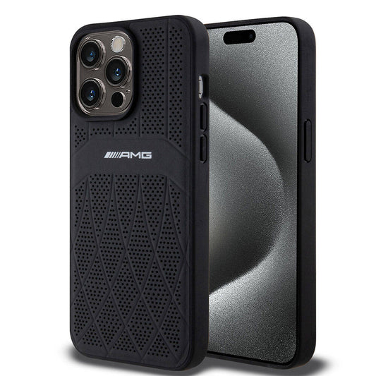 iPhone 15 Pro Max Kılıf AMG Orjinal Lisanslı M-safe Şarj Özellikli Delikli Deri Kıvrımlı Çizgili Kapak