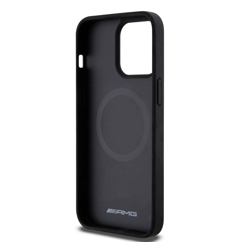 iPhone 15 Pro Max Kılıf AMG Orjinal Lisanslı M-safe Şarj Özellikli Delikli Deri Kıvrımlı Çizgili Kapak