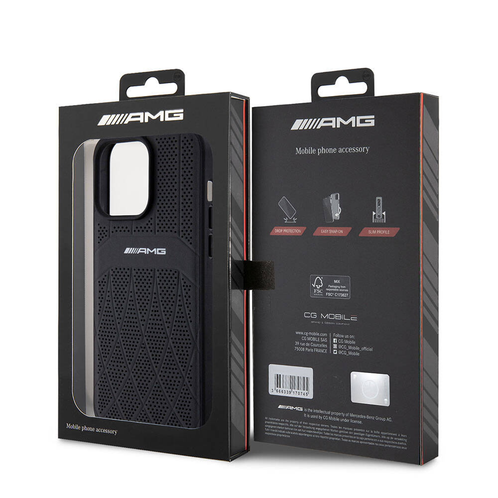 iPhone 15 Pro Max Kılıf AMG Orjinal Lisanslı M-safe Şarj Özellikli Delikli Deri Kıvrımlı Çizgili Kapak