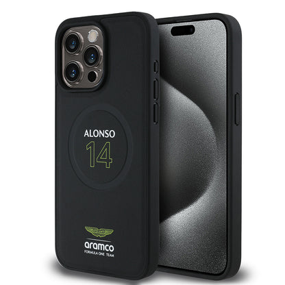iPhone 15 Pro Max Kılıf Aston Martin Orjinal Lisanslı M-safe Şarj Özellikli PU Deri Alonso 14 Baskılı Kapak