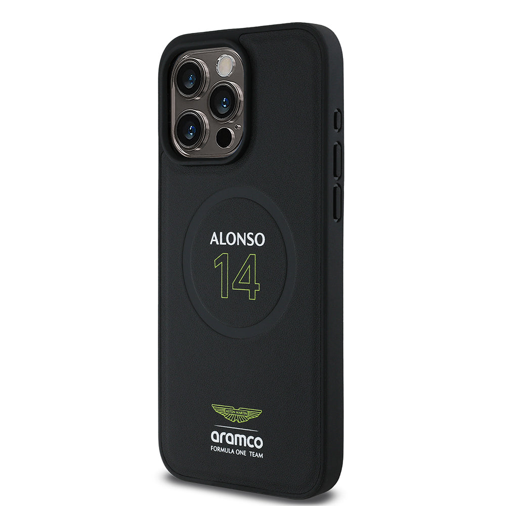 iPhone 15 Pro Max Kılıf Aston Martin Orjinal Lisanslı M-safe Şarj Özellikli PU Deri Alonso 14 Baskılı Kapak