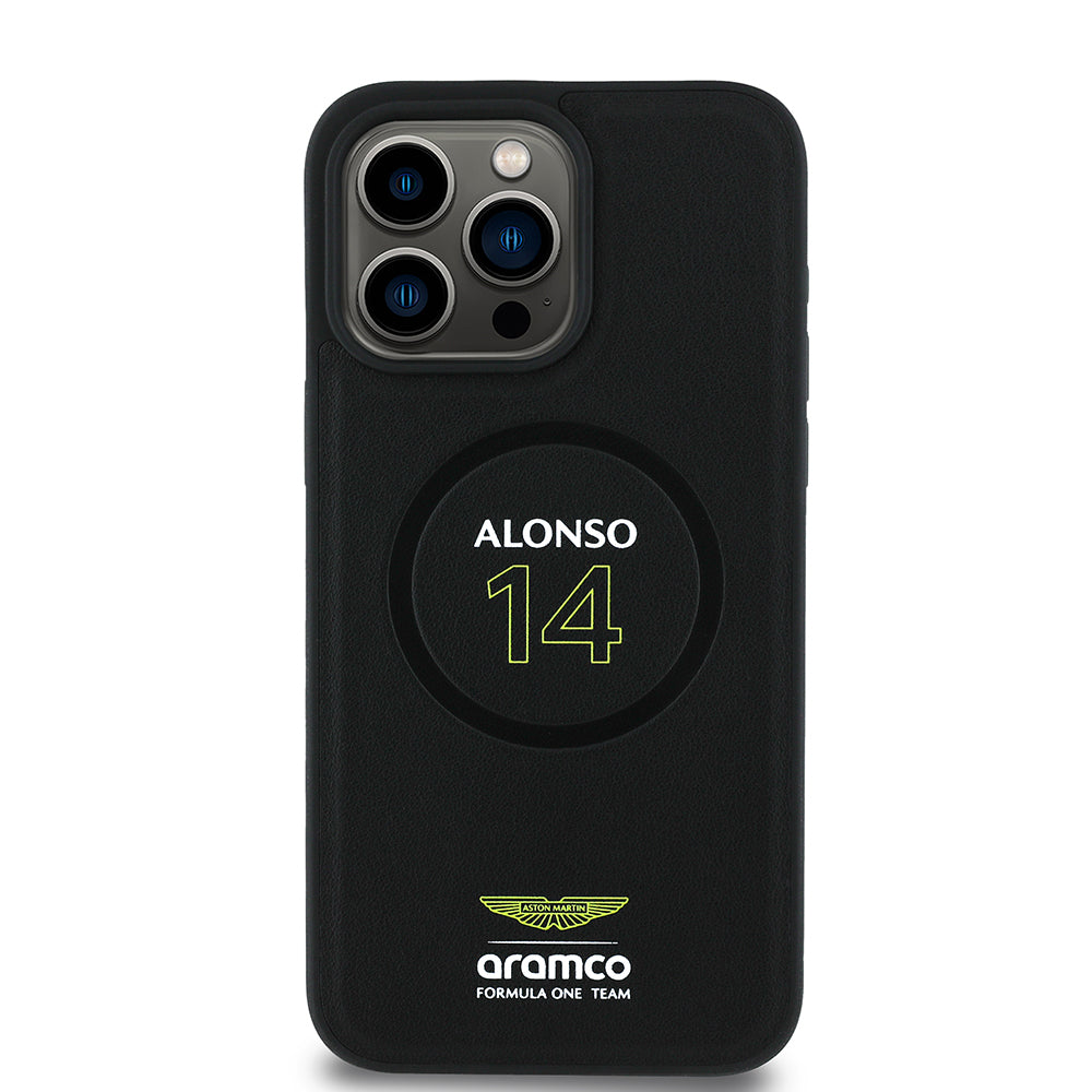 iPhone 15 Pro Max Kılıf Aston Martin Orjinal Lisanslı M-safe Şarj Özellikli PU Deri Alonso 14 Baskılı Kapak
