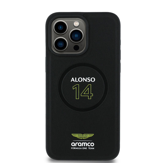 iPhone 15 Pro Max Kılıf Aston Martin Orjinal Lisanslı M-safe Şarj Özellikli PU Deri Alonso 14 Baskılı Kapak