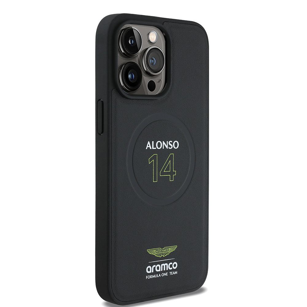 iPhone 15 Pro Max Kılıf Aston Martin Orjinal Lisanslı M-safe Şarj Özellikli PU Deri Alonso 14 Baskılı Kapak