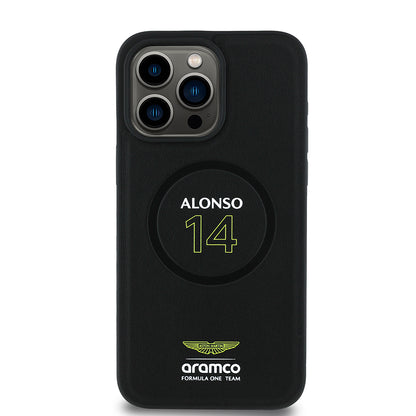 iPhone 15 Pro Max Kılıf Aston Martin Orjinal Lisanslı M-safe Şarj Özellikli PU Deri Alonso 14 Baskılı Kapak