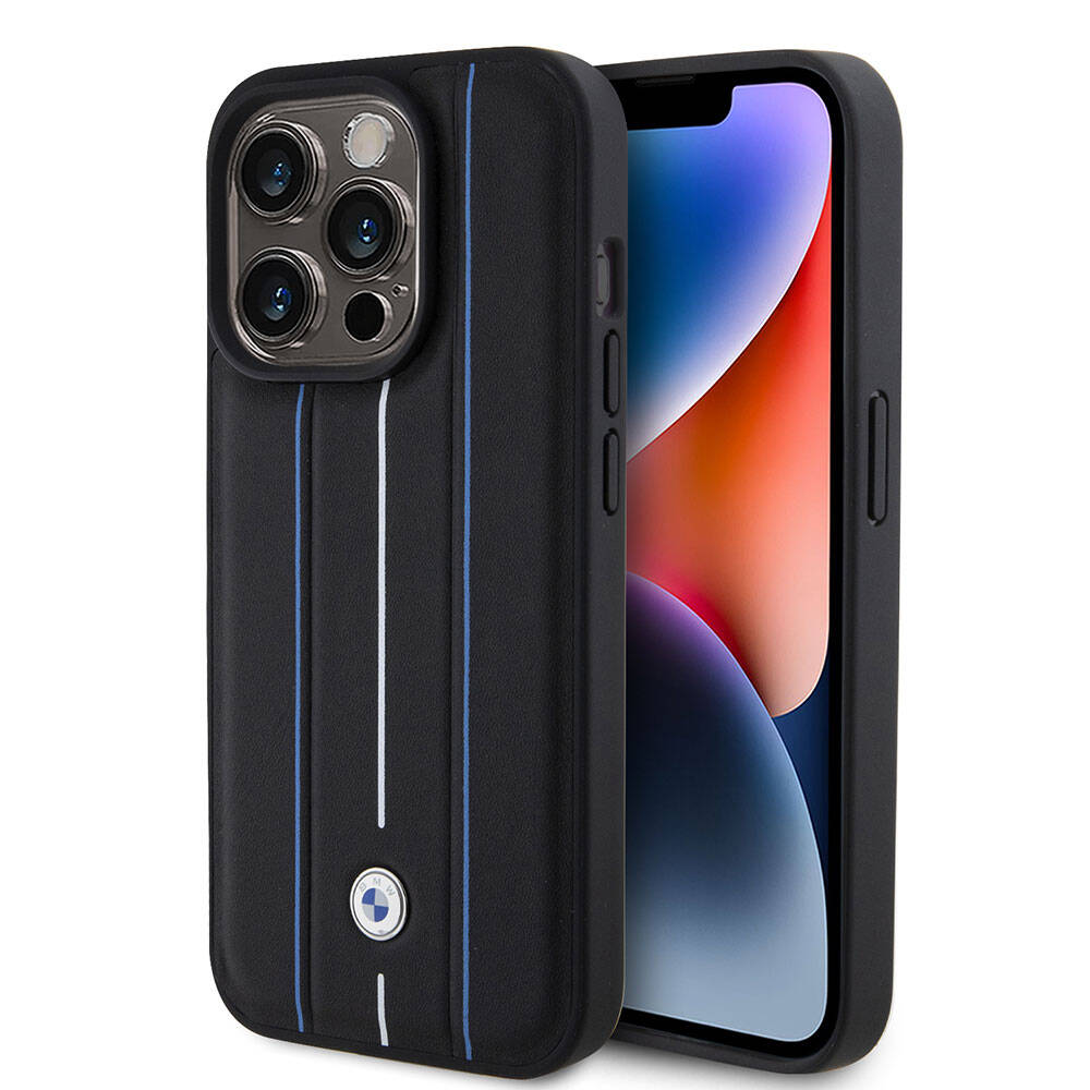 iPhone 15 Pro Max Kılıf BMW Deri Görünümlü Blue Lines Orjinal Lisanslı Kapak