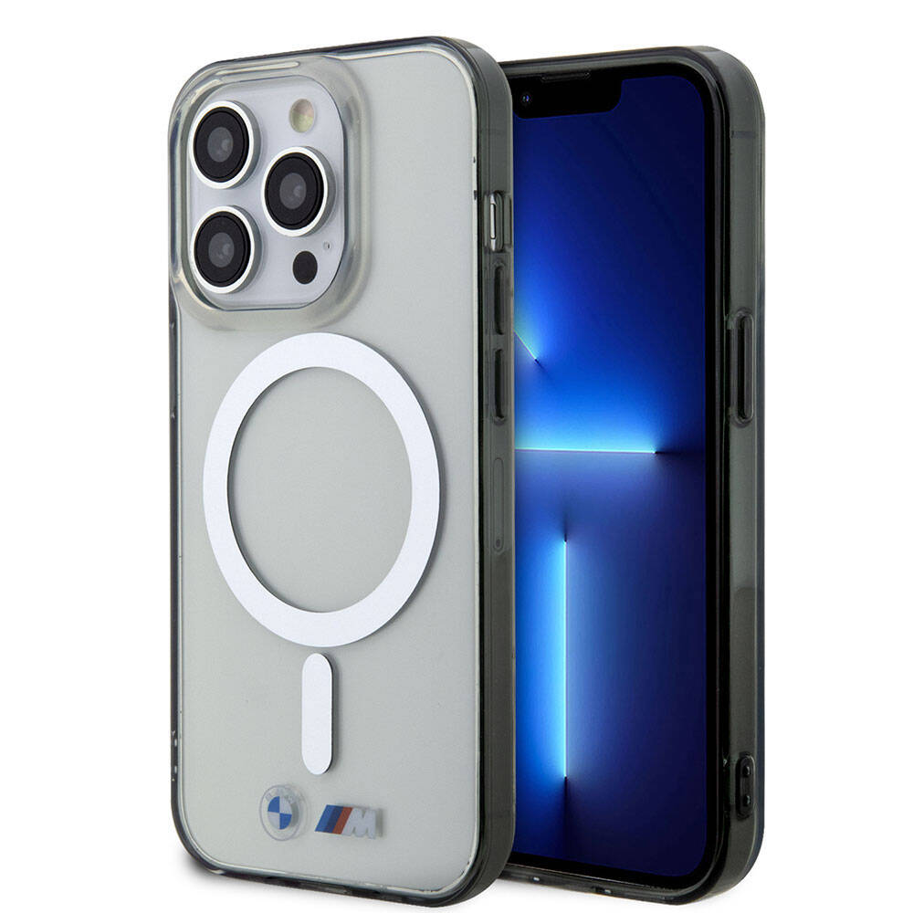 iPhone 15 Pro Max Kılıf BMW M-safe Şarj Özellikli Transparan Silver Ring Orjinal Lisanslı Kapak
