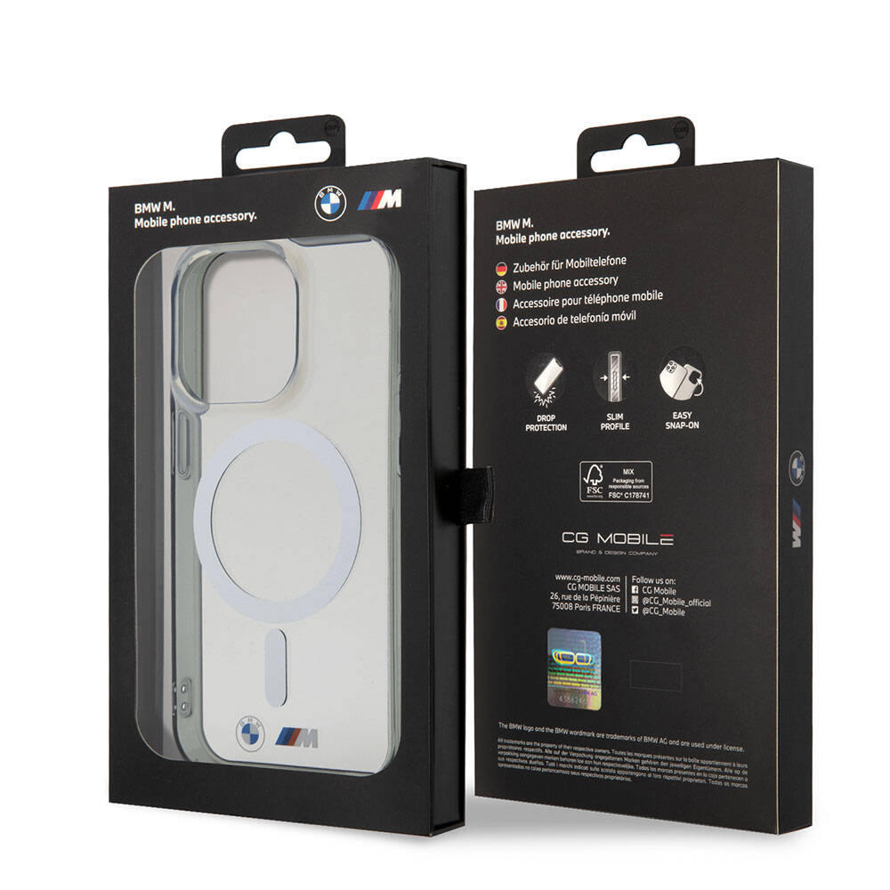 iPhone 15 Pro Max Kılıf BMW M-safe Şarj Özellikli Transparan Silver Ring Orjinal Lisanslı Kapak