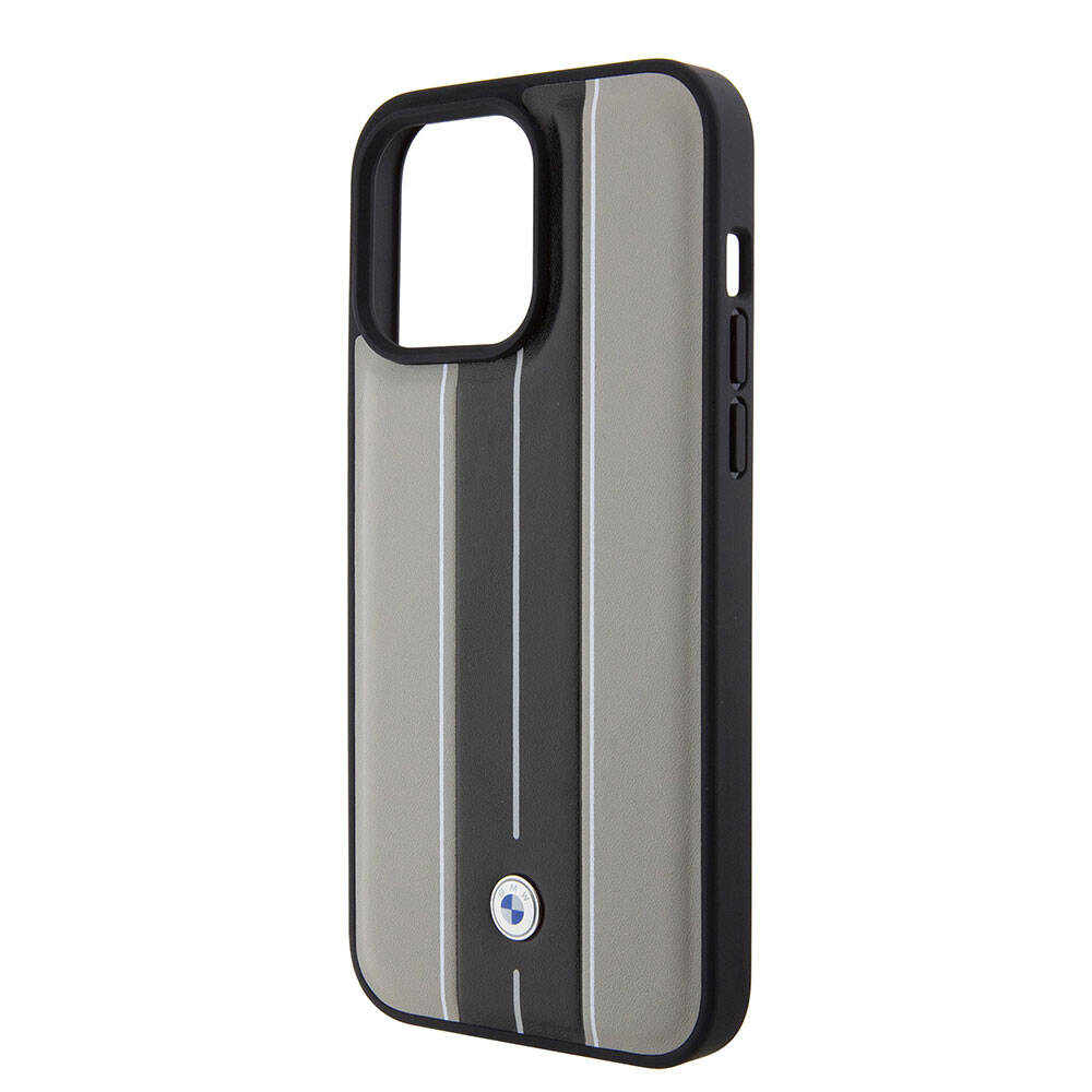 iPhone 15 Pro Kılıf BMW Orjinal Lisanslı Deri Arka Yüzey Metal Logolu Çift Şerit Tasarımlı Kapak