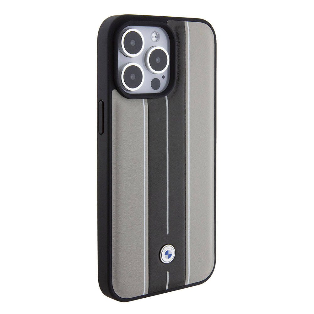 iPhone 15 Pro Max Kılıf BMW Orjinal Lisanslı Deri Arka Yüzey Metal Logolu Çift Şerit Tasarımlı Kapak