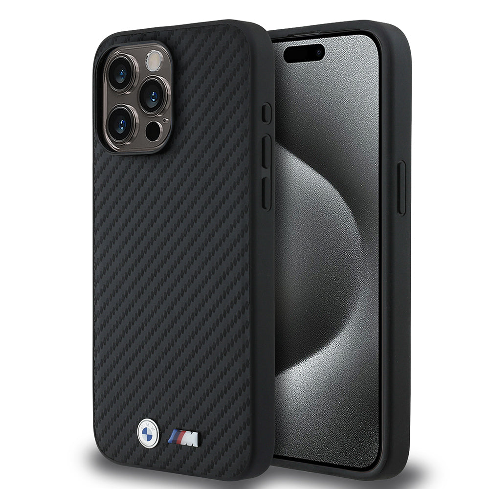 iPhone 15 Pro Max Kılıf BMW Orjinal Lisanslı Karbon Fiber Tasarımlı ve Metal Logolu PU Deri Kapak