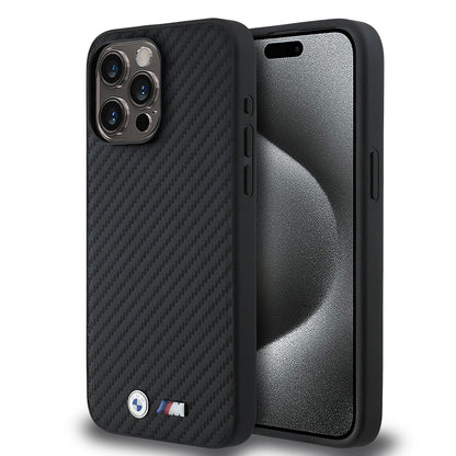 iPhone 15 Pro Max Kılıf BMW Orjinal Lisanslı Karbon Fiber Tasarımlı ve Metal Logolu PU Deri Kapak