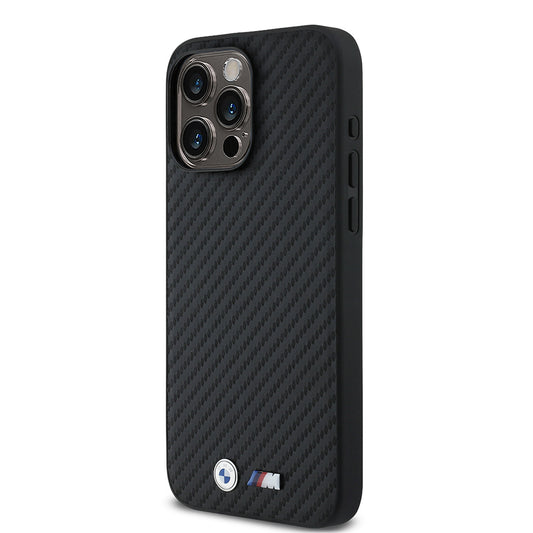 iPhone 15 Pro Max Kılıf BMW Orjinal Lisanslı Karbon Fiber Tasarımlı ve Metal Logolu PU Deri Kapak