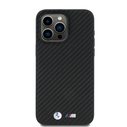 iPhone 15 Pro Max Kılıf BMW Orjinal Lisanslı Karbon Fiber Tasarımlı ve Metal Logolu PU Deri Kapak