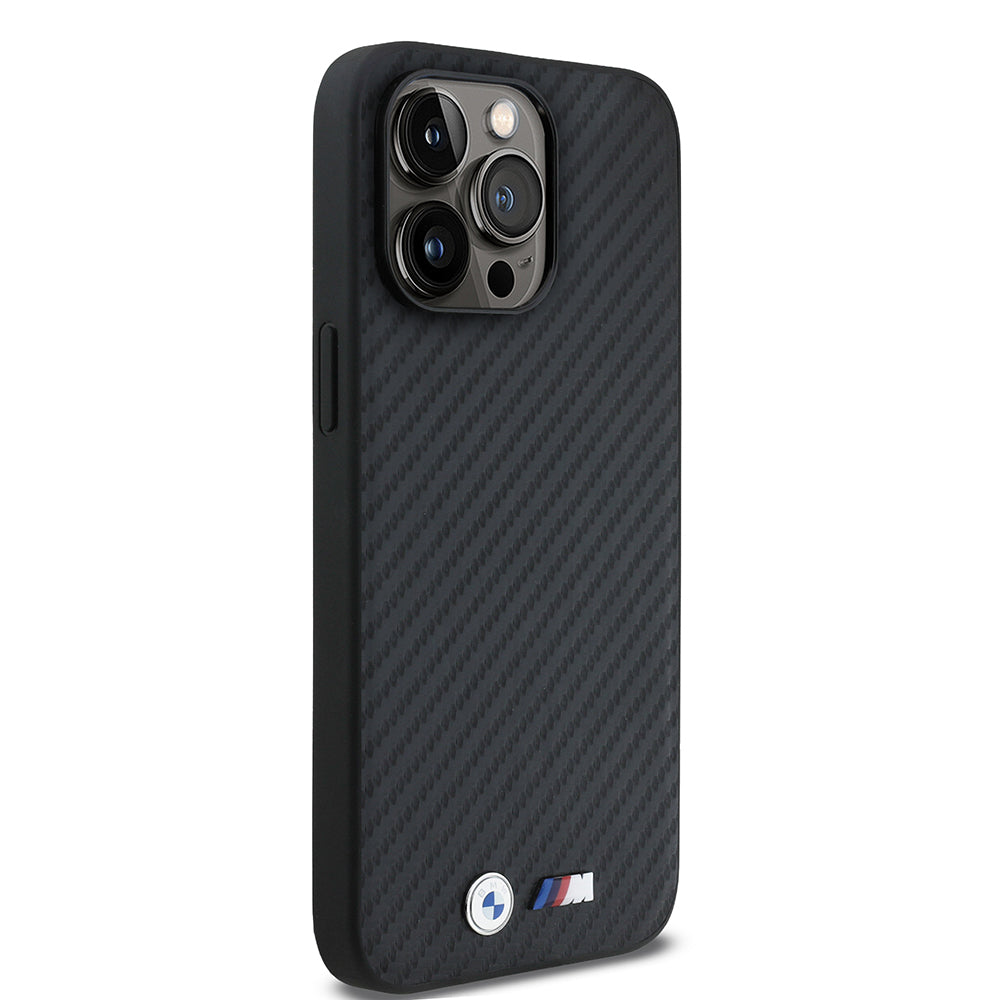 iPhone 15 Pro Max Kılıf BMW Orjinal Lisanslı Karbon Fiber Tasarımlı ve Metal Logolu PU Deri Kapak