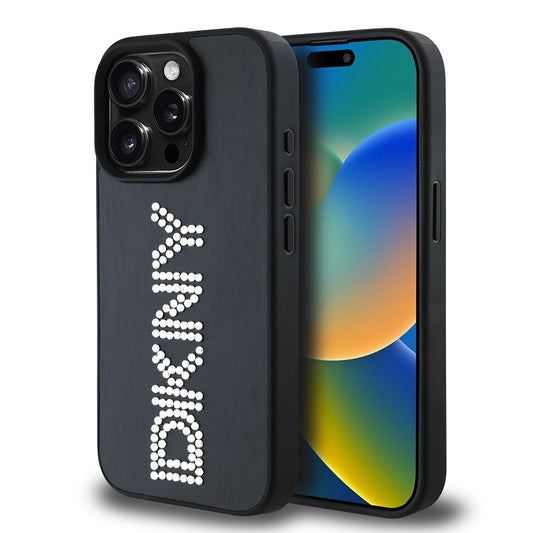 iPhone 15 Pro Max Kılıf DKNY Orjinal Lisanslı Taşlı DKNY Yazılı Metalik Rhinestones PU Deri Kapak