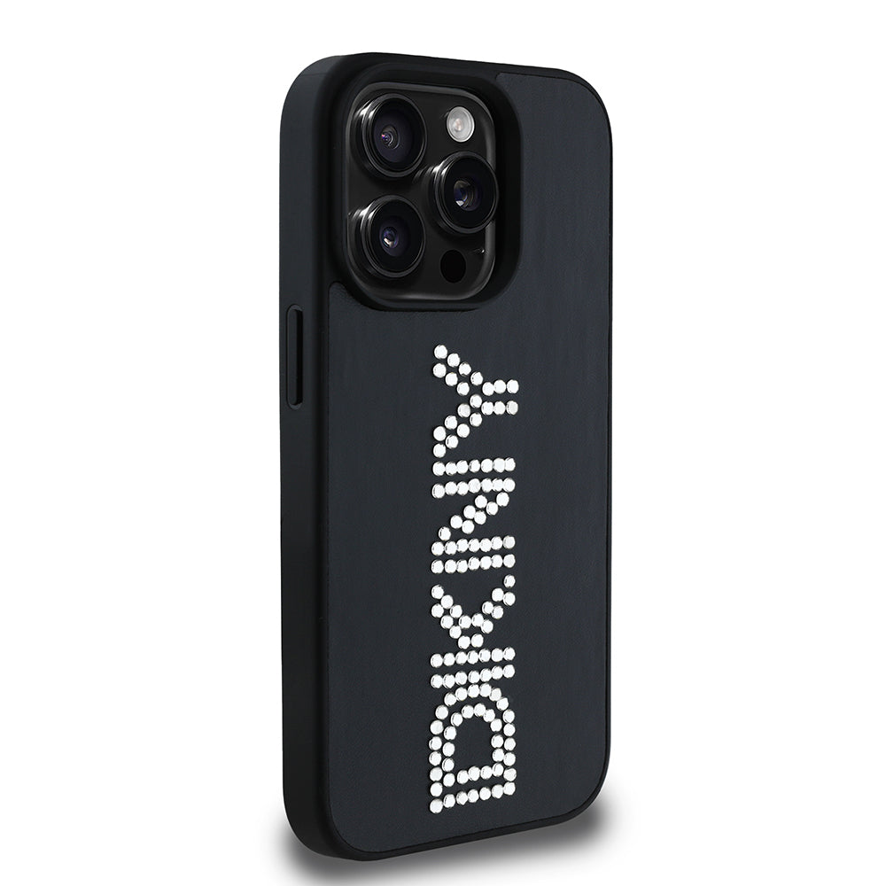 iPhone 15 Pro Max Kılıf DKNY Orjinal Lisanslı Taşlı DKNY Yazılı Metalik Rhinestones PU Deri Kapak