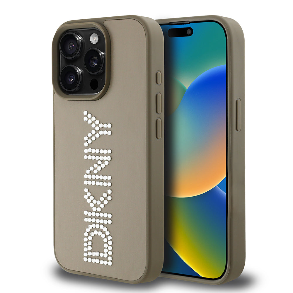 iPhone 15 Pro Max Kılıf DKNY Orjinal Lisanslı Taşlı DKNY Yazılı Metalik Rhinestones PU Deri Kapak