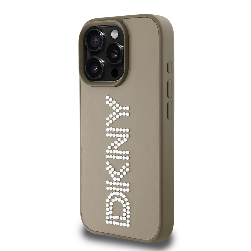 iPhone 15 Pro Max Kılıf DKNY Orjinal Lisanslı Taşlı DKNY Yazılı Metalik Rhinestones PU Deri Kapak