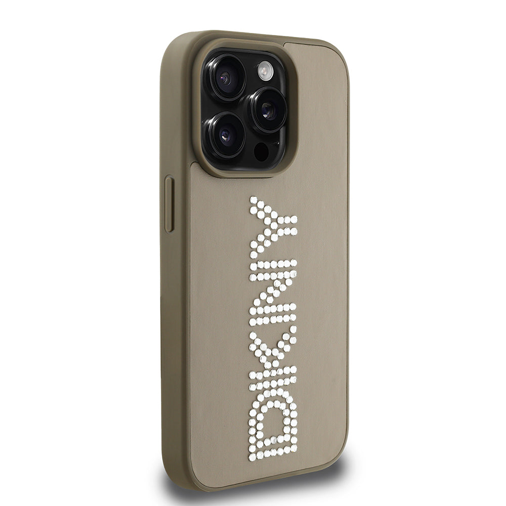 iPhone 15 Pro Max Kılıf DKNY Orjinal Lisanslı Taşlı DKNY Yazılı Metalik Rhinestones PU Deri Kapak