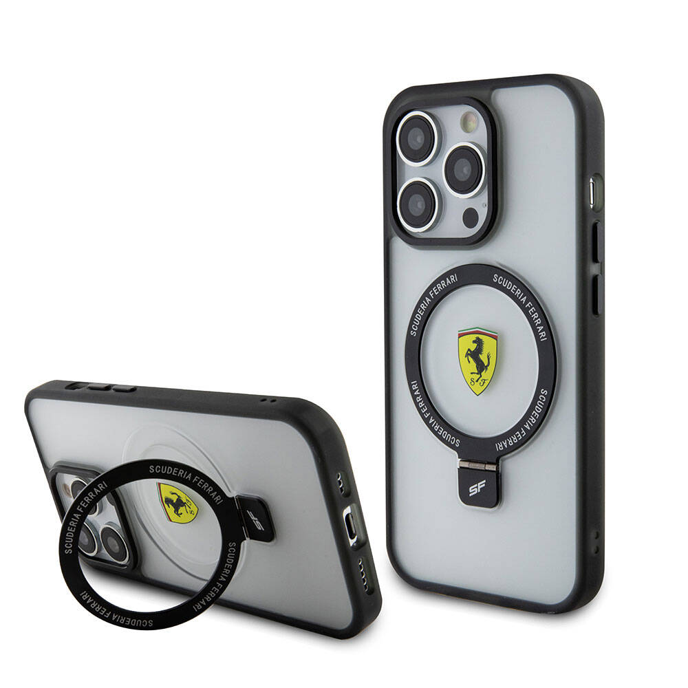 iPhone 15 Pro Max Kılıf Ferrari M-safe Şarj Özellikli Standlı Buzlu Yüzey Dizayn Kapak