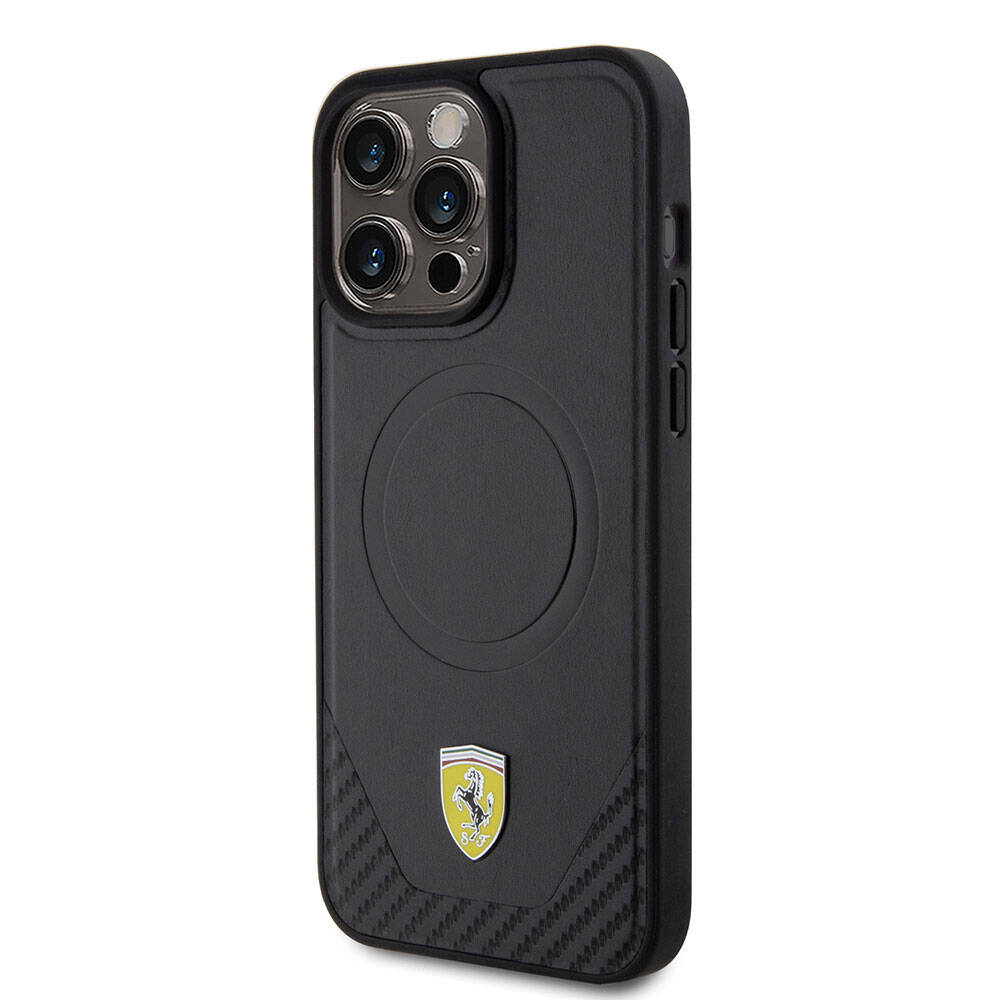iPhone 15 Pro Max Kılıf Ferrari Orjinal Lisanslı M-safe Şarj Özellikli Metal Logolu PU Karbon Kapak