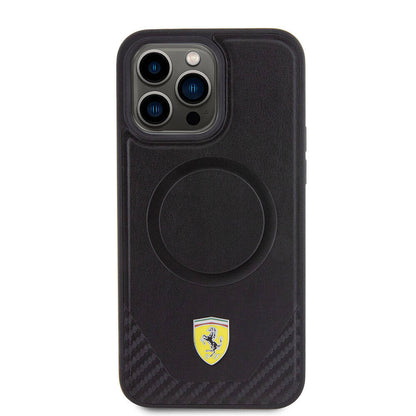 iPhone 15 Pro Max Kılıf Ferrari Orjinal Lisanslı M-safe Şarj Özellikli Metal Logolu PU Karbon Kapak
