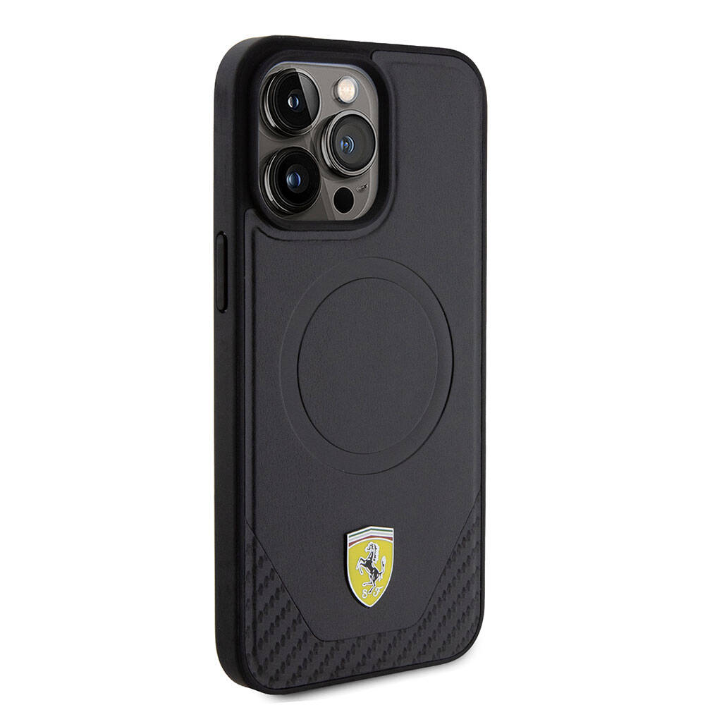 iPhone 15 Pro Max Kılıf Ferrari Orjinal Lisanslı M-safe Şarj Özellikli Metal Logolu PU Karbon Kapak