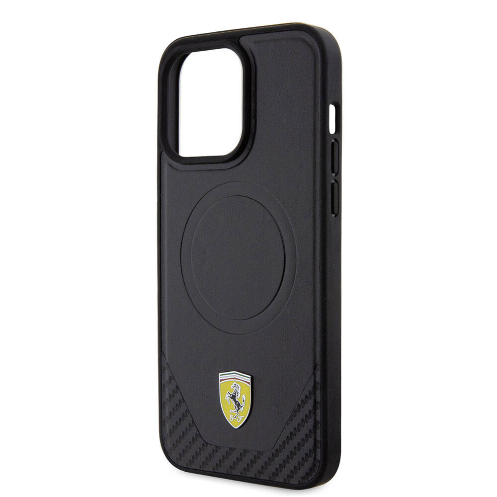 iPhone 15 Pro Max Kılıf Ferrari Orjinal Lisanslı M-safe Şarj Özellikli Metal Logolu PU Karbon Kapak