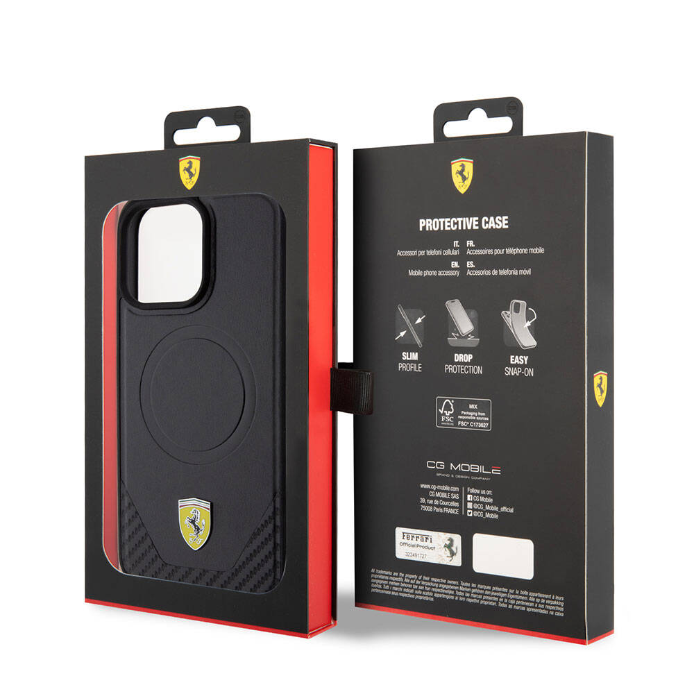 iPhone 15 Pro Max Kılıf Ferrari Orjinal Lisanslı M-safe Şarj Özellikli Metal Logolu PU Karbon Kapak