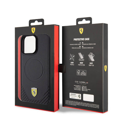 iPhone 15 Pro Max Kılıf Ferrari Orjinal Lisanslı M-safe Şarj Özellikli Metal Logolu PU Karbon Kapak