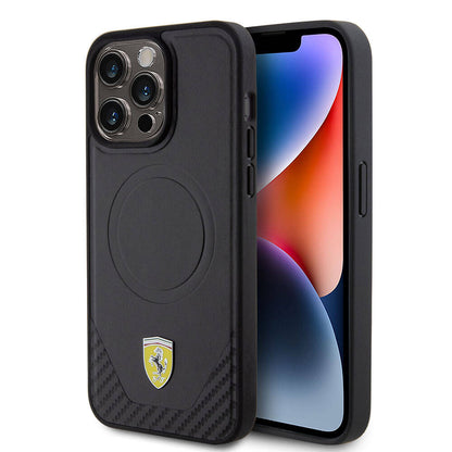 iPhone 15 Pro Max Kılıf Ferrari Orjinal Lisanslı M-safe Şarj Özellikli Metal Logolu PU Karbon Kapak