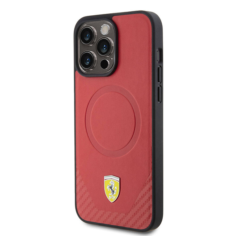 iPhone 15 Pro Max Kılıf Ferrari Orjinal Lisanslı M-safe Şarj Özellikli Metal Logolu PU Karbon Kapak