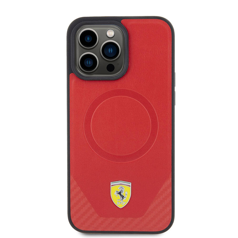 iPhone 15 Pro Max Kılıf Ferrari Orjinal Lisanslı M-safe Şarj Özellikli Metal Logolu PU Karbon Kapak