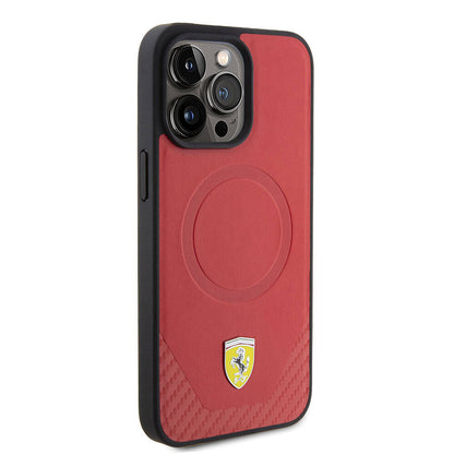 iPhone 15 Pro Max Kılıf Ferrari Orjinal Lisanslı M-safe Şarj Özellikli Metal Logolu PU Karbon Kapak