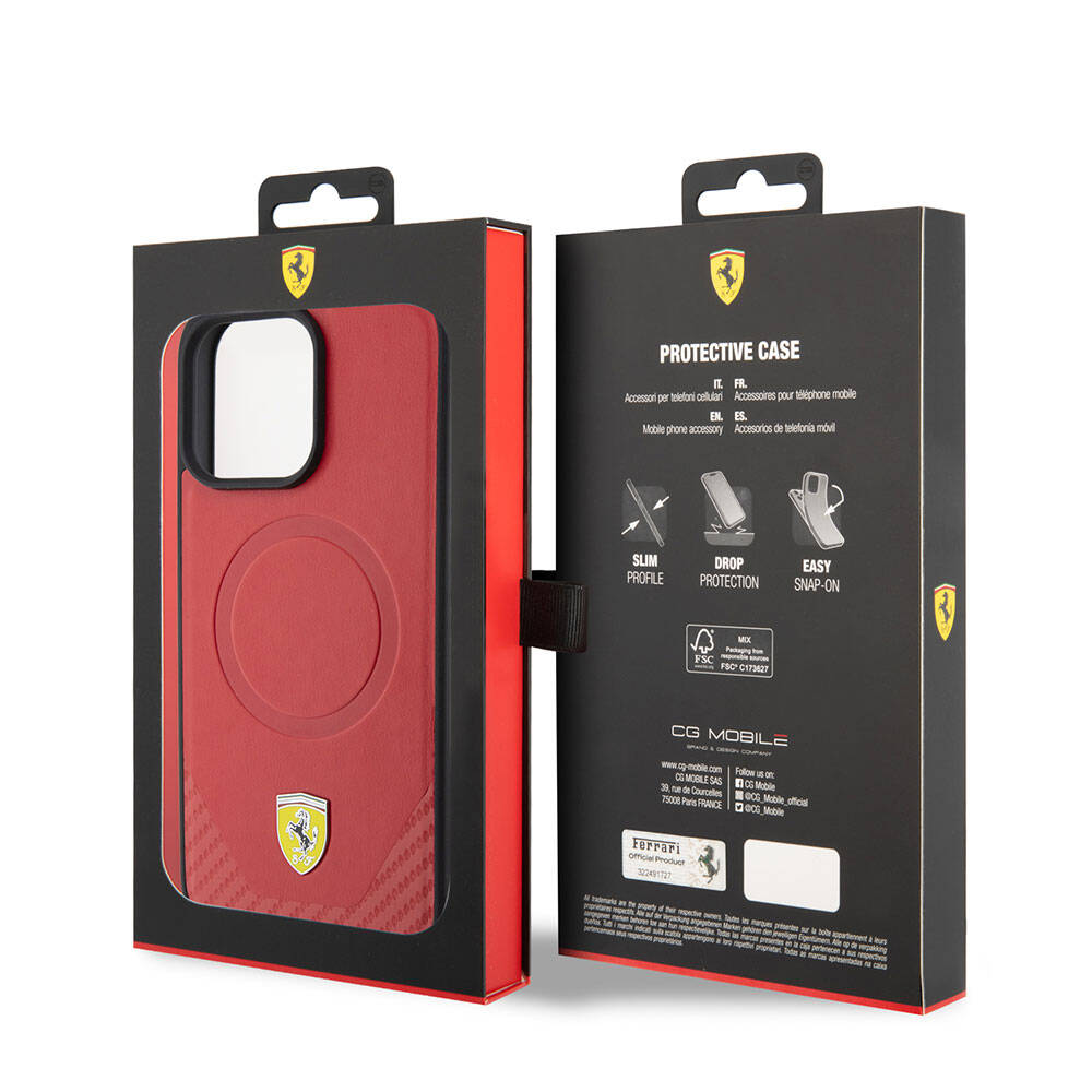 iPhone 15 Pro Max Kılıf Ferrari Orjinal Lisanslı M-safe Şarj Özellikli Metal Logolu PU Karbon Kapak
