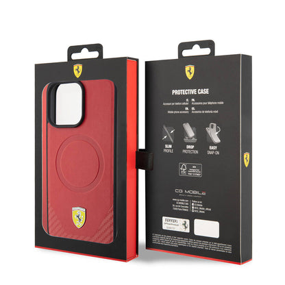 iPhone 15 Pro Max Kılıf Ferrari Orjinal Lisanslı M-safe Şarj Özellikli Metal Logolu PU Karbon Kapak