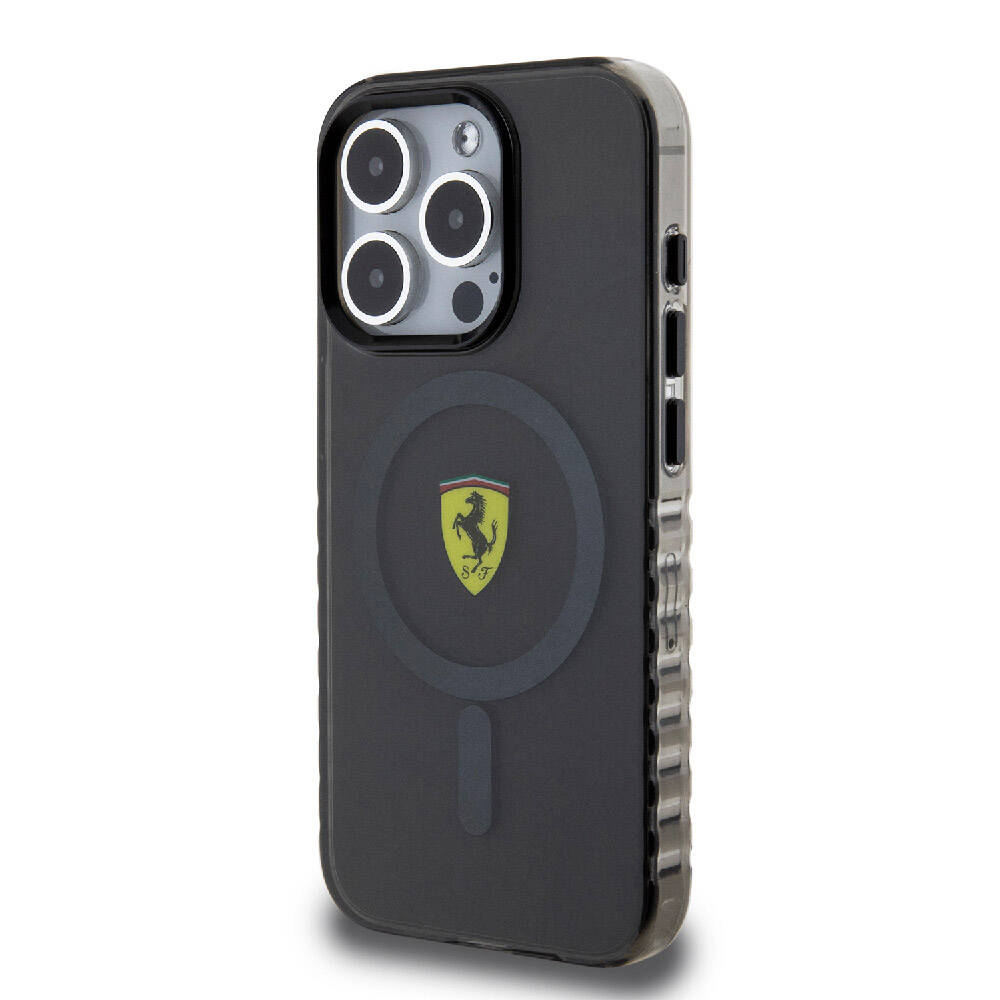 iPhone 15 Pro Max Kılıf Ferrari Orjinal Lisanslı M-safe Şarj Özellikli Tırtıklı Kenar Tasarımlı Ortalanmış Logo Kapak