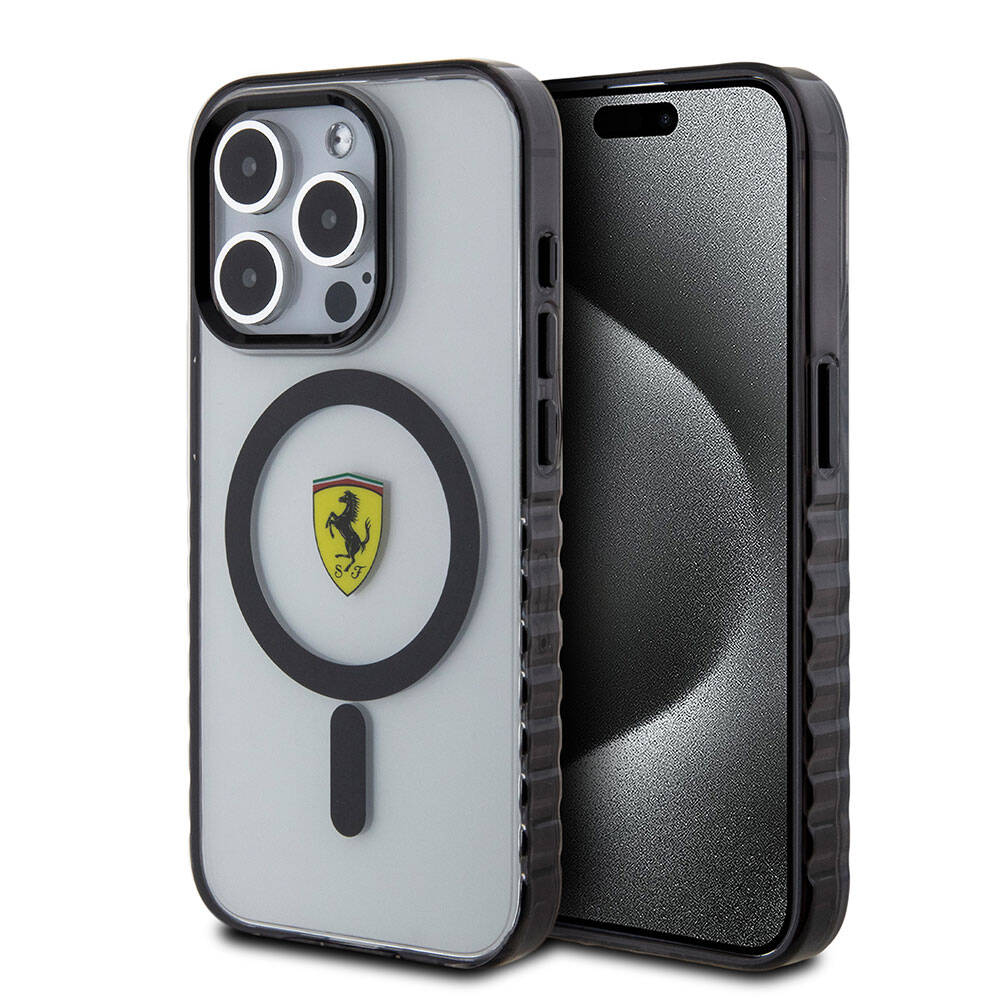 iPhone 15 Pro Max Kılıf Ferrari Orjinal Lisanslı M-safe Şarj Özellikli Tırtıklı Kenar Tasarımlı Ortalanmış Logo Kapak