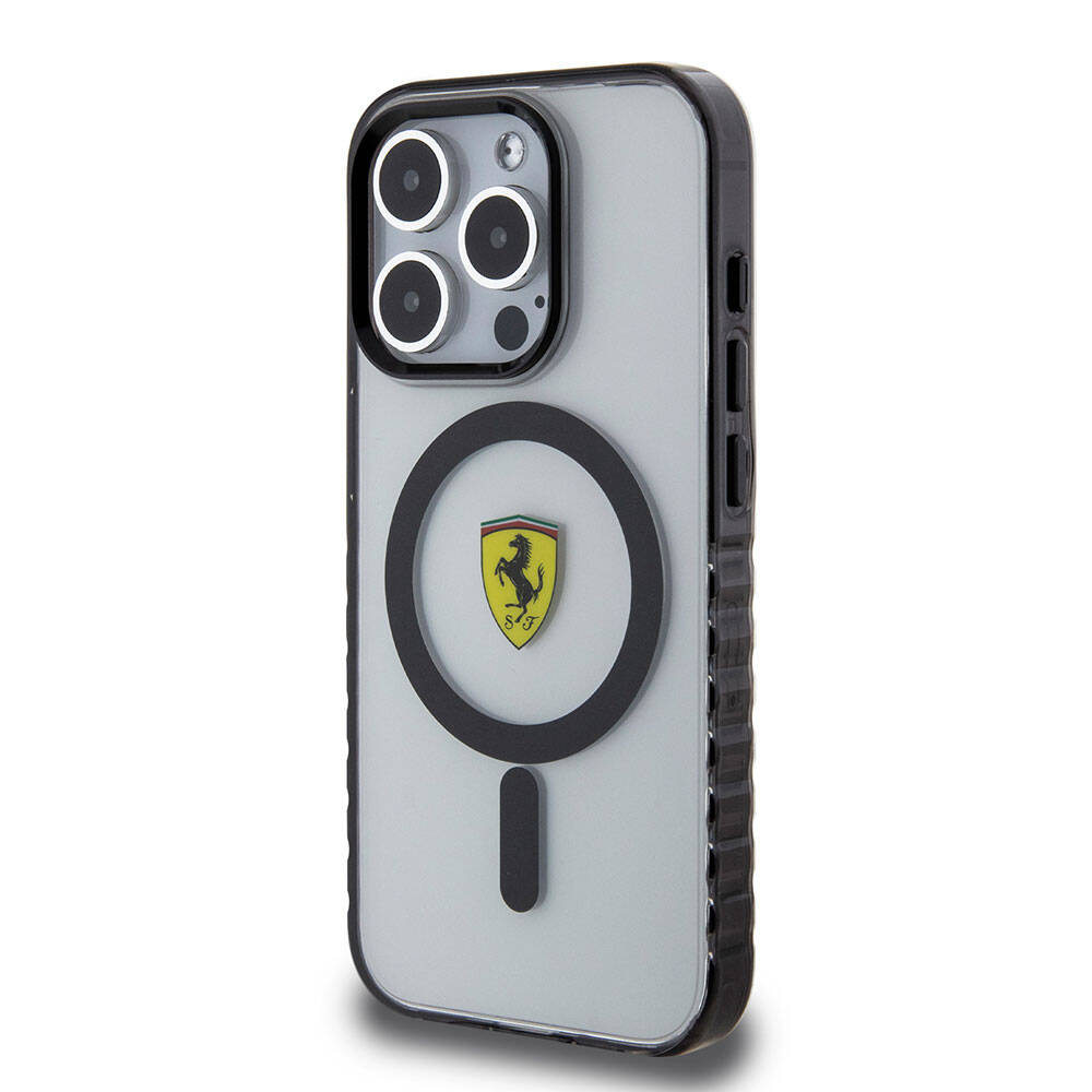 iPhone 15 Pro Max Kılıf Ferrari Orjinal Lisanslı M-safe Şarj Özellikli Tırtıklı Kenar Tasarımlı Ortalanmış Logo Kapak