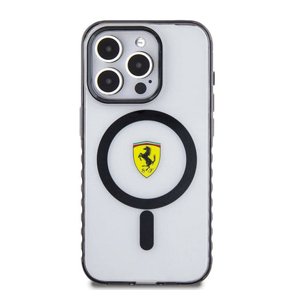iPhone 15 Pro Max Kılıf Ferrari Orjinal Lisanslı M-safe Şarj Özellikli Tırtıklı Kenar Tasarımlı Ortalanmış Logo Kapak